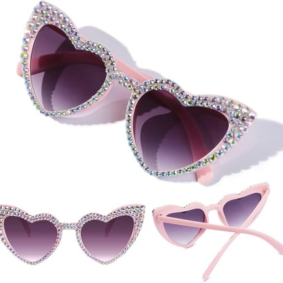 Funky Pink Heart Shaped Colorful Diamond Embellished Sunglasses OS New main image 2